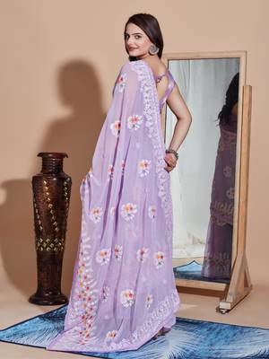 Lovender georgette embroidery work saree with blouse piece 3