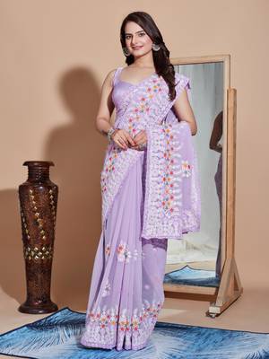 Lovender georgette embroidery work saree with blouse piece 4