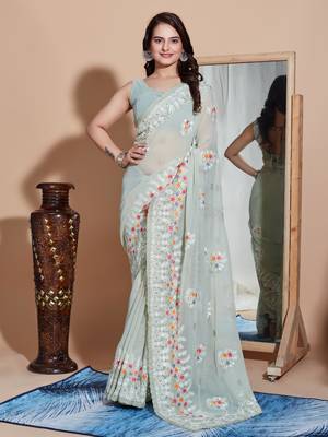 Green georgette embroidery work saree with blouse piece 1