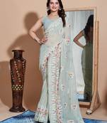 Green georgette embroidery work saree with blouse piece