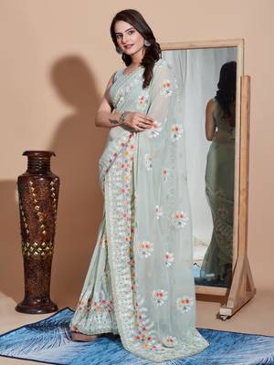 Green georgette embroidery work saree with blouse piece 2