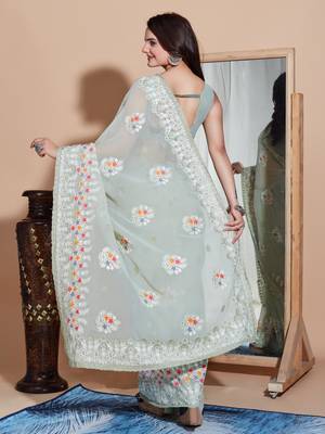 Green georgette embroidery work saree with blouse piece 3