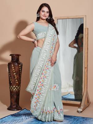 Green georgette embroidery work saree with blouse piece 5