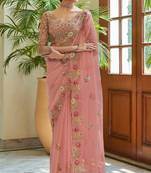 Peach Colour Georgette Cutwork Saree With Full Sleeve Work Blouse Peice