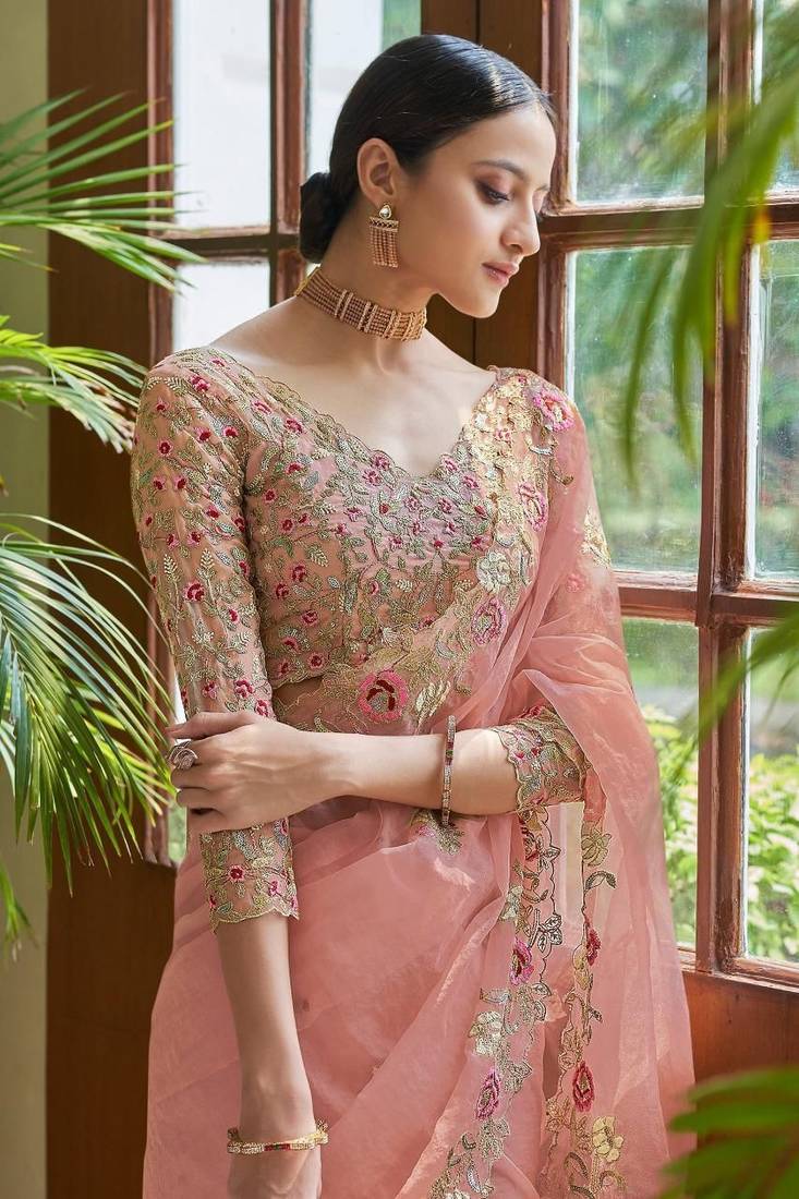 Peach Colour Georgette Cutwork Saree With Full Sleeve Work Blouse Peice