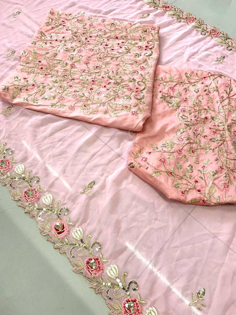 Peach Colour Georgette Cutwork Saree With Full Sleeve Work Blouse Peice