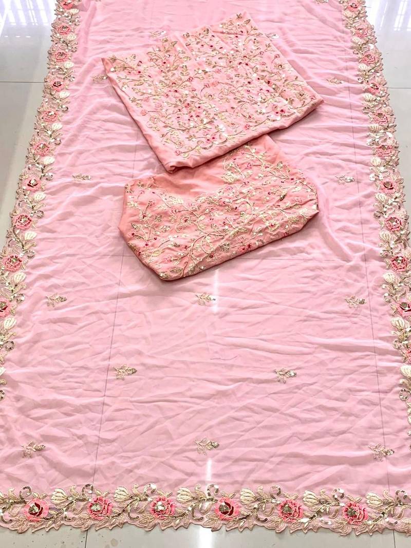 Peach Colour Georgette Cutwork Saree With Full Sleeve Work Blouse Peice