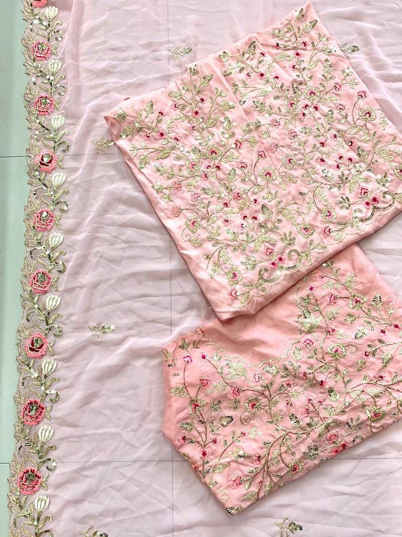 Peach Colour Georgette Cutwork Saree With Full Sleeve Work Blouse Peice