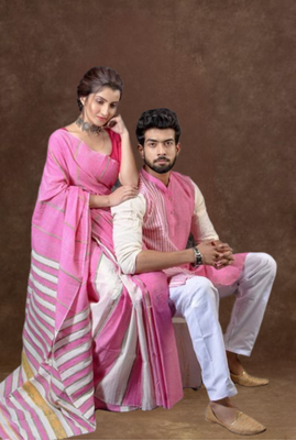 Matching combo couple outfit with pink saree and mens kurta 2