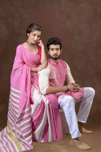 Matching combo couple outfit with pink saree and mens kurta