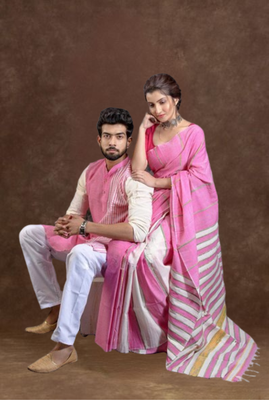 Matching combo couple outfit with pink saree and mens kurta 3