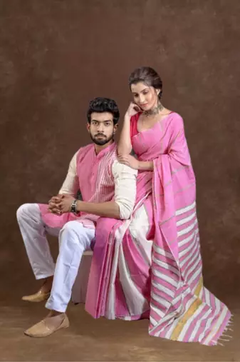 Matching combo couple outfit with pink saree and mens kurta
