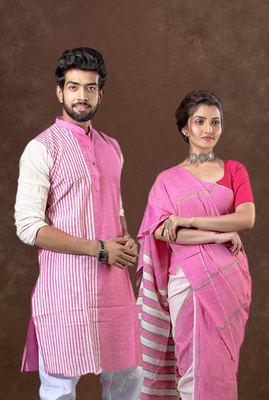 Matching combo couple outfit with pink saree and mens kurta 4