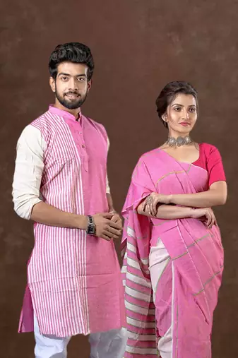 Matching combo couple outfit with pink saree and mens kurta