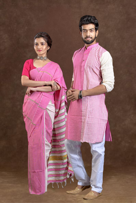 Matching combo couple outfit with pink saree and mens kurta 1