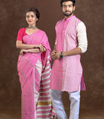 Matching combo couple outfit with pink saree and mens kurta
