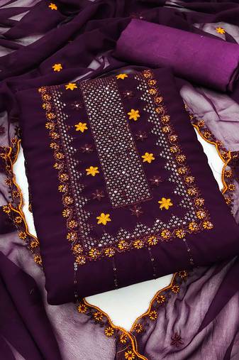 Purple Georgette Embroidered Unstitched Dress Material