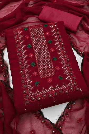 Red Georgette Embroidered Unstitched Dress Material