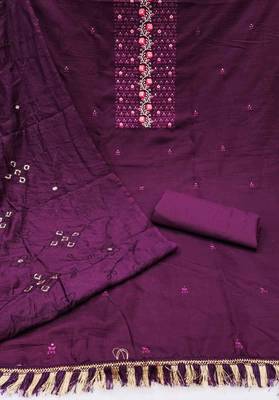 Purple silk blend Embroidered & Sequins Unstitched Dress Material 2