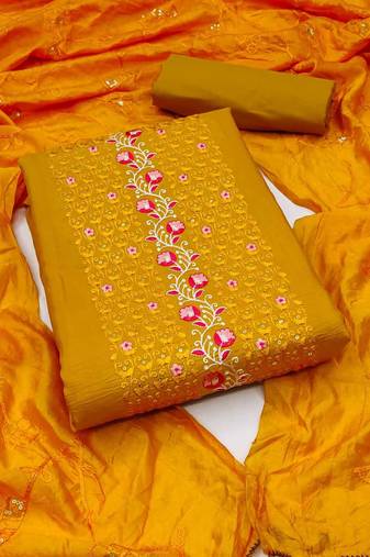 Yellow silk blend Embroidered & Sequins Unstitched Dress Material