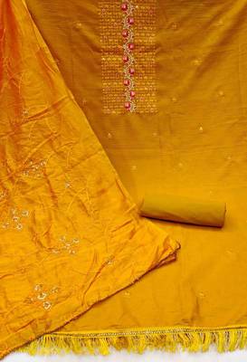Yellow silk blend Embroidered & Sequins Unstitched Dress Material 2