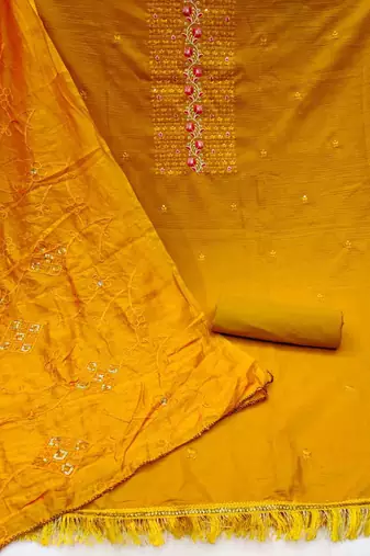 Yellow silk blend Embroidered & Sequins Unstitched Dress Material