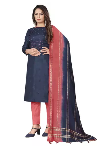 Indigo Blue Coco silk blend Hand Work Unstitched Dress Material