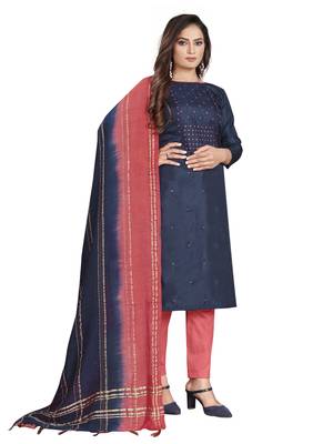 Indigo Blue Coco silk blend Hand Work Unstitched Dress Material 4