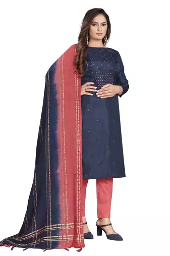 Indigo Blue Coco silk blend Hand Work Unstitched Dress Material