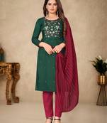 Green Cotton Embroidered Work Unstitched Dress Material