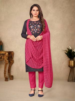 Grey Cotton Embroidered Work Unstitched Dress Material 1