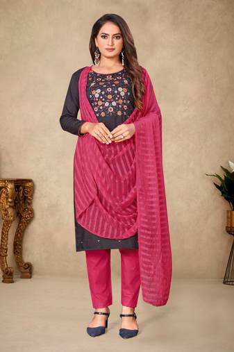 Grey Cotton Embroidered Work Unstitched Dress Material