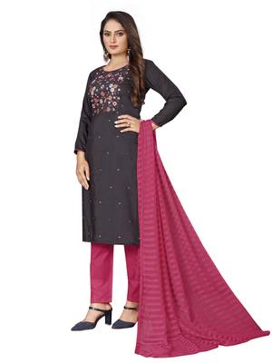 Grey Cotton Embroidered Work Unstitched Dress Material 2