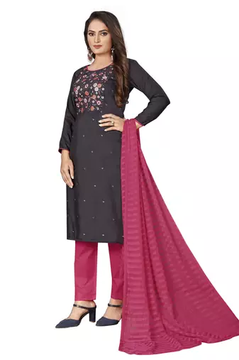 Grey Cotton Embroidered Work Unstitched Dress Material