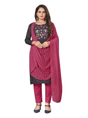 Grey Cotton Embroidered Work Unstitched Dress Material 3