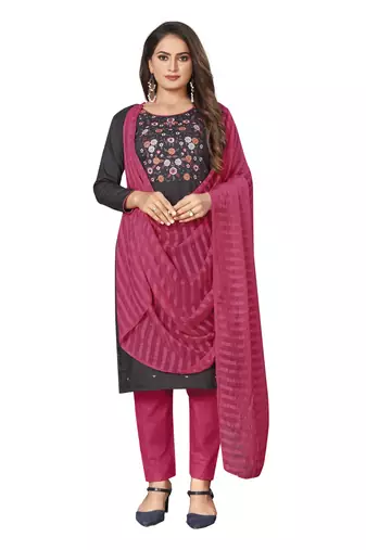 Grey Cotton Embroidered Work Unstitched Dress Material