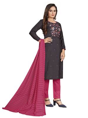 Grey Cotton Embroidered Work Unstitched Dress Material 4