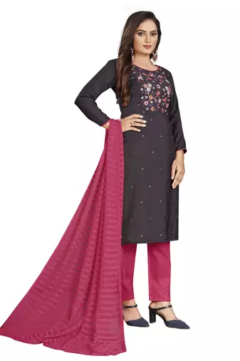 Grey Cotton Embroidered Work Unstitched Dress Material