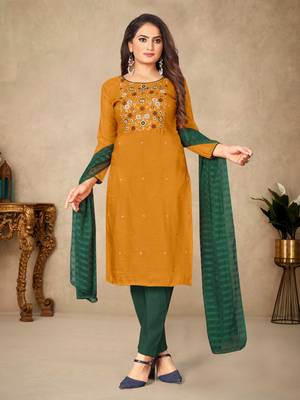 Yellow Cotton Embroidered Work Unstitched Dress Material 1
