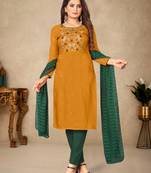 Yellow Cotton Embroidered Work Unstitched Dress Material