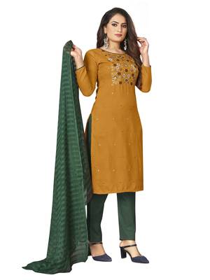 Yellow Cotton Embroidered Work Unstitched Dress Material 3