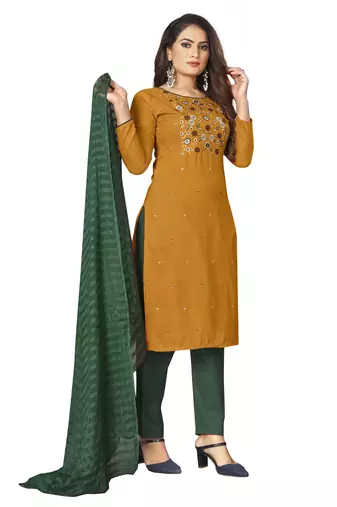 Yellow Cotton Embroidered Work Unstitched Dress Material