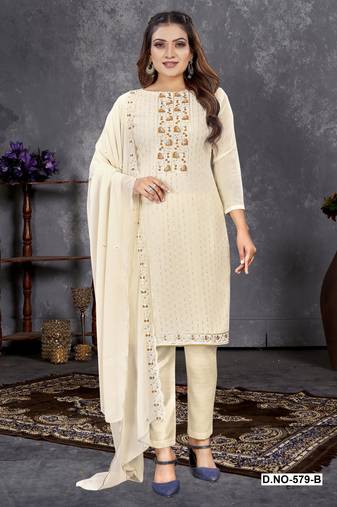 Cream Georgette Embroidered Unstitched Dress Material