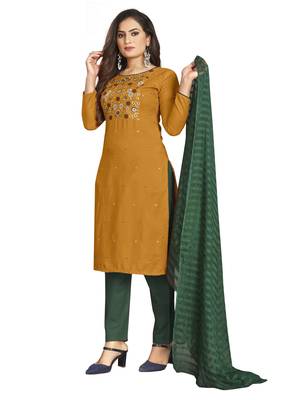 Yellow Cotton Embroidered Work Unstitched Dress Material 4