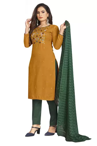 Yellow Cotton Embroidered Work Unstitched Dress Material