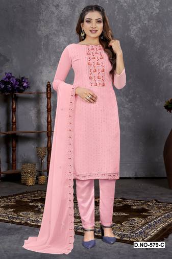 Peach Georgette Embroidered Unstitched Dress Material