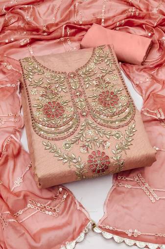 Peach Simar Hand Work Unstitched Dress Material