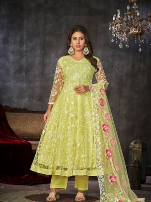 Yellow  Embroidered Work Net Semi Stitched Pant Party Wear Salwar Suit 1