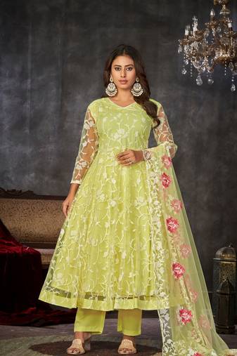 Yellow  Embroidered Work Net Semi Stitched Pant Party Wear Salwar Suit