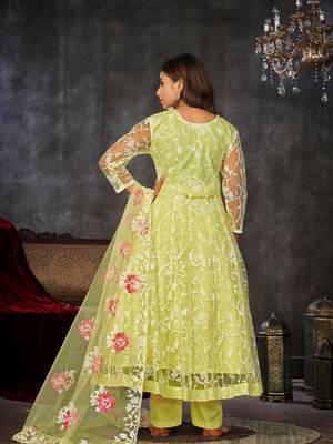 Yellow  Embroidered Work Net Semi Stitched Pant Party Wear Salwar Suit 2